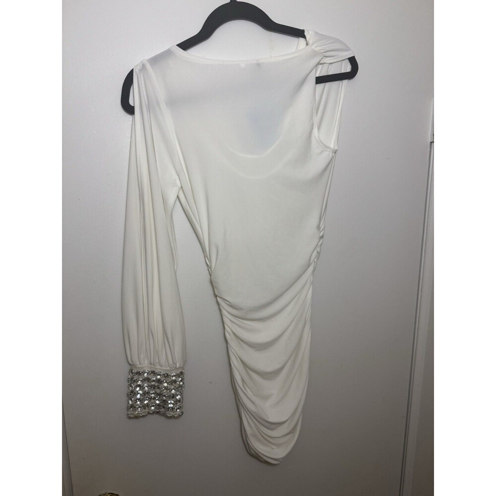 Womenโs White Dress Mini Dress with One Sleeve Diamond Cuff Size Small